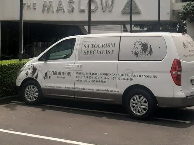 Malala-Tau branded 7-seater shuttle at The Maslow hotel in Sandton