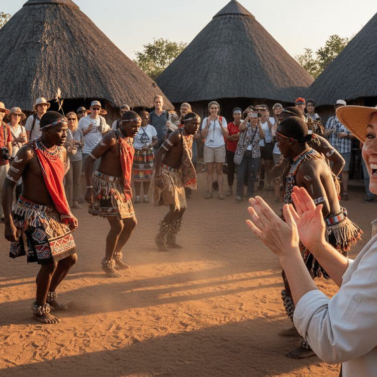 Community performers hosting Malala-Tau guests at a cultural village